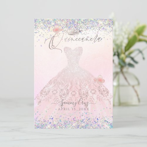 Quinceanera Holographic Confetti Blush Pink Dress  Invitation