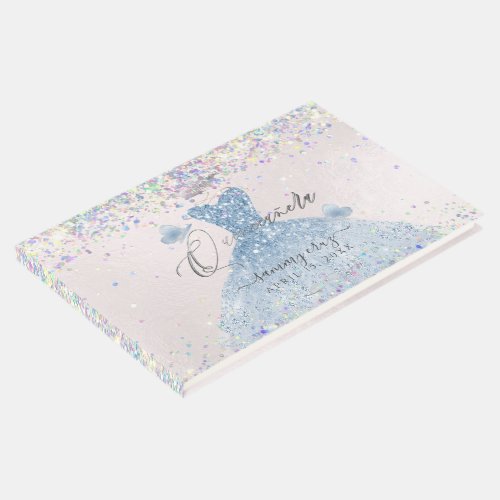 Quinceanera Holographic Confetti Dusty Blue Dress  Guest Book