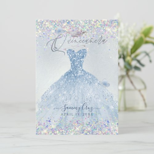 Quinceanera Holographic Confetti Dusty Blue Dress Invitation