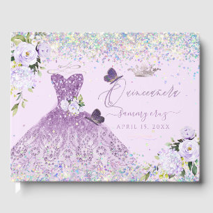 Quinceanera Holographic Confetti Dusty Purple Guest Book