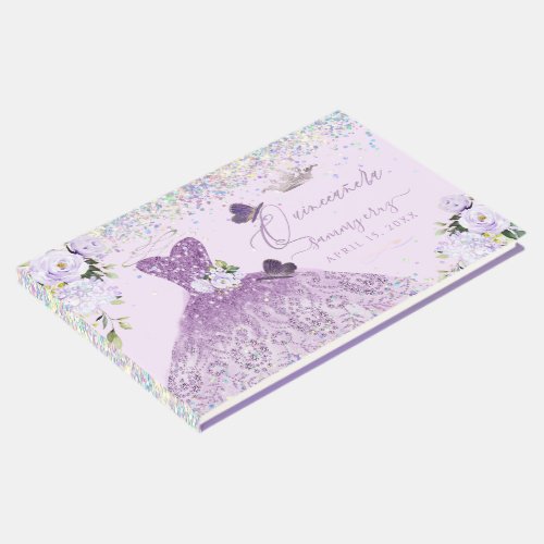 Quinceanera Holographic Confetti Dusty Purple Guest Book