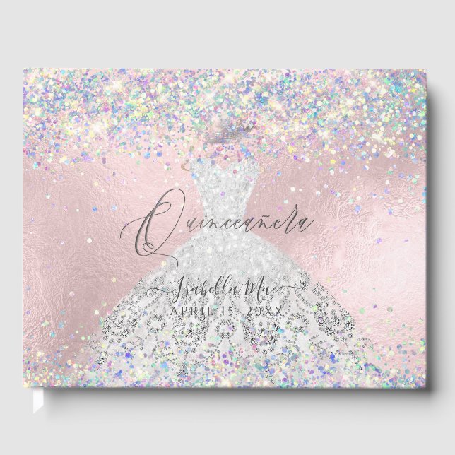 Quinceanera Holographic Confetti White Silver Guest Book (Front)