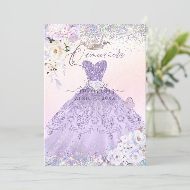 Quinceanera Holographic Dream Dusty Purple Dress Invitation (Standing Front)