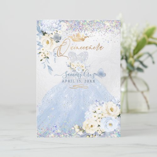Quinceanera Holographic Dusty Blue Silver Dress Invitation