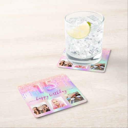 Quinceanera holographic pink photo glitter square paper coaster