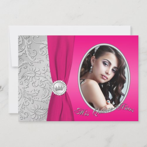 Quinceanera  Hot Pink and Silver  Photo Invitation
