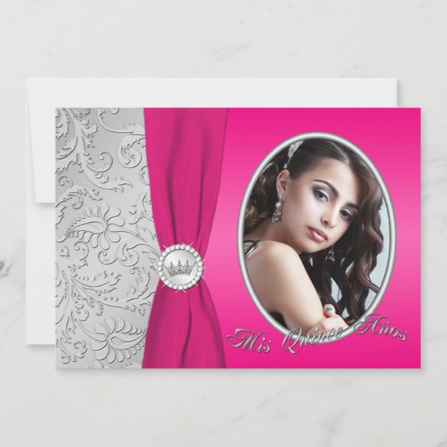 Quinceanera | Hot Pink and Silver | Photo Invitation (Front)