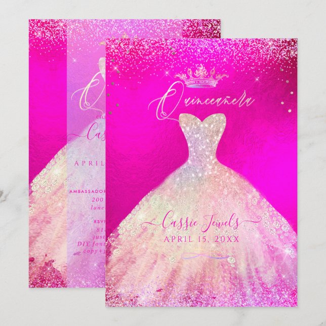 Quinceanera Hot Pink+Blush Sparkle Princess Dress Invitation (Front/Back)