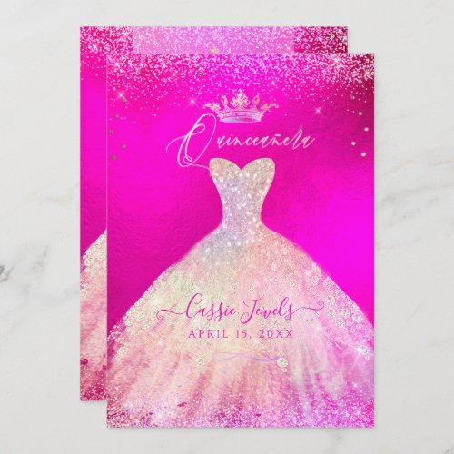 Quinceanera Hot PinkBlush Sparkle Princess Dress Invitation