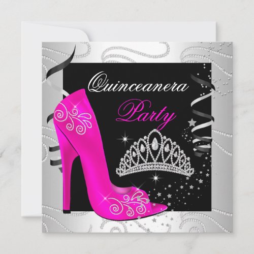 Quinceanera Hot Pink Diamond Black White Party Invitation