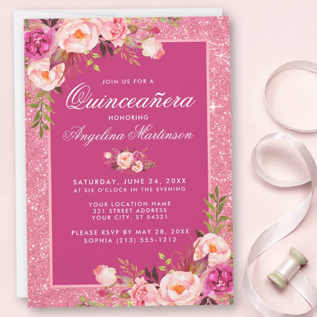 Quinceanera Hot Pink Floral Glitter Invitation