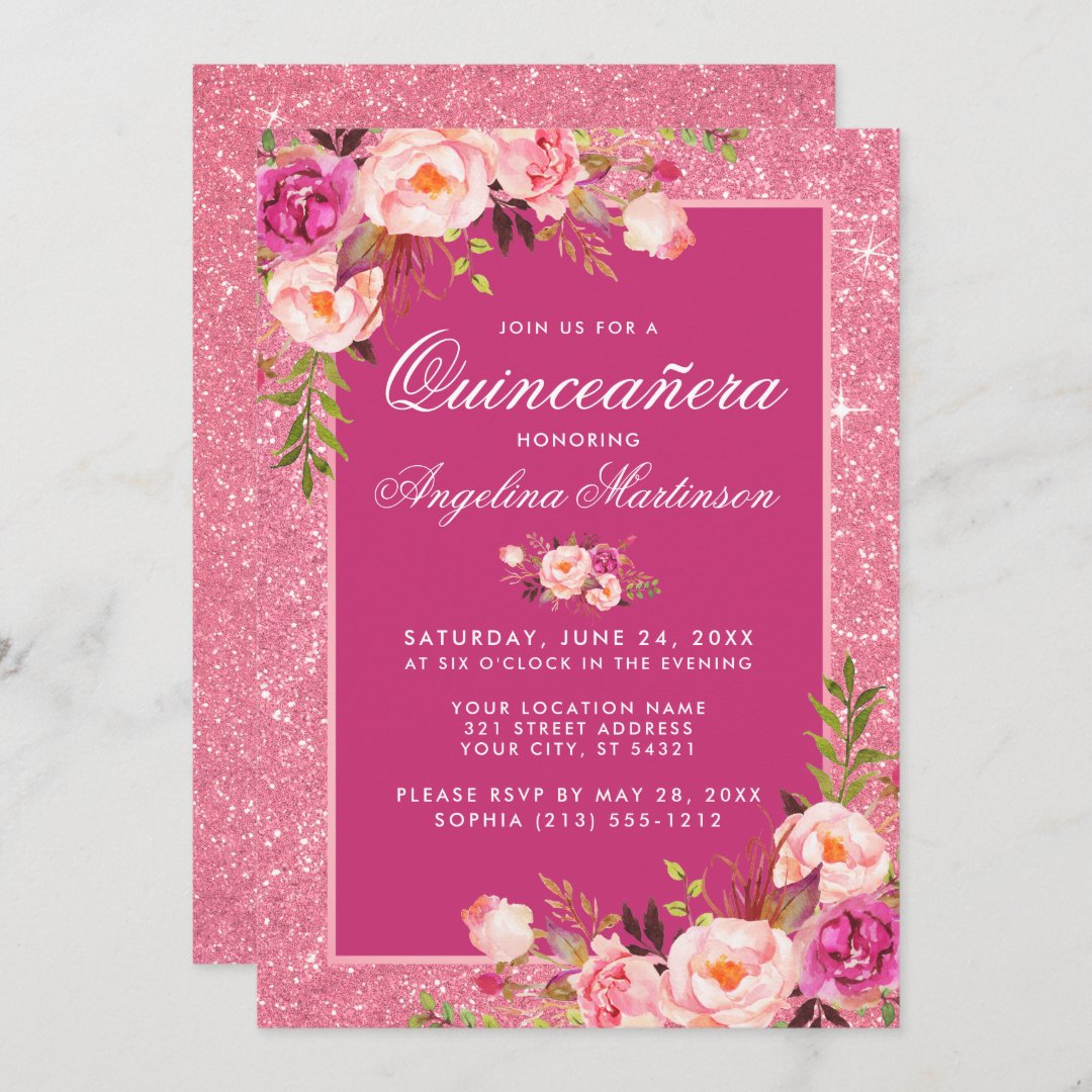 Quinceanera Hot Pink Floral Glitter Invitation | Zazzle