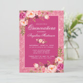 Quinceanera Hot Pink Floral Glitter Invitation (Standing Front)