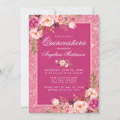 Quinceanera Hot Pink Floral Glitter Invitation (Front)