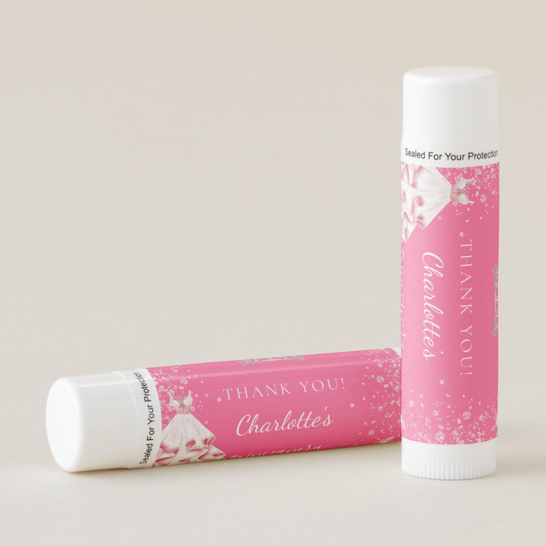 Quinceanera hot pink glitter tiara dress lip balm | Zazzle