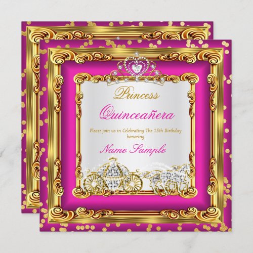 Quinceanera Hot Pink Gold Diamond Horse Carriage Invitation