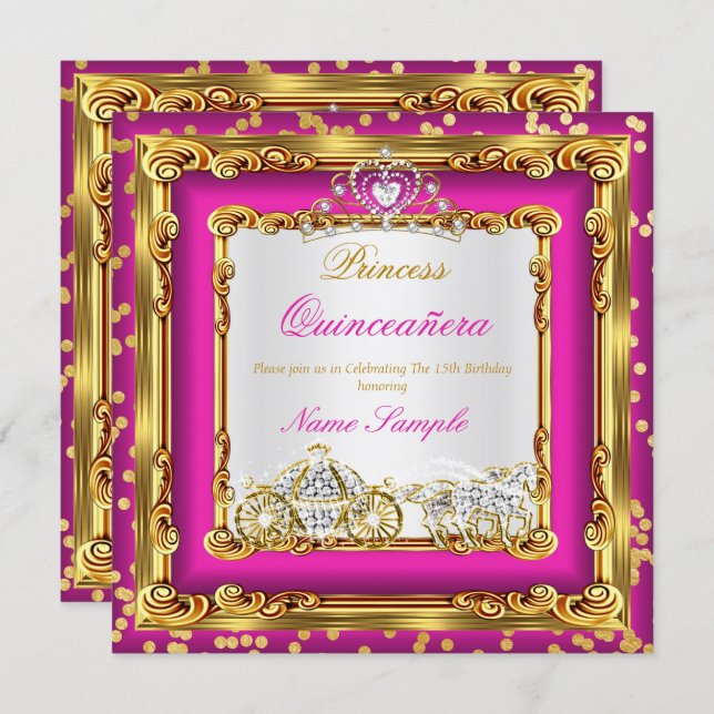 Quinceanera Hot Pink Gold Diamond Horse Carriage Invitation (Front/Back)