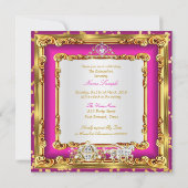 Quinceanera Hot Pink Gold Diamond Horse Carriage Invitation (Back)
