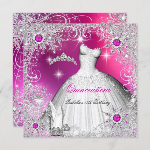 Quinceanera Hot Pink Pearl Silver Winter Snowflake Invitation