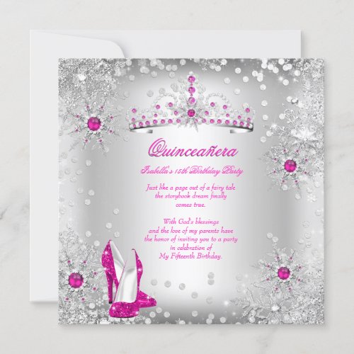 Quinceanera Hot Pink Silver Winter Wonderland Invitation