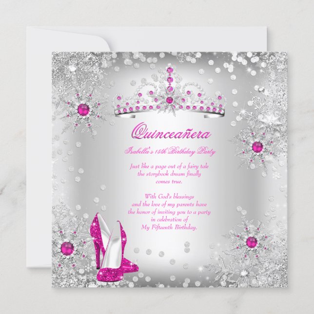 Quinceanera Hot Pink Silver Winter Wonderland Invitation (Front)