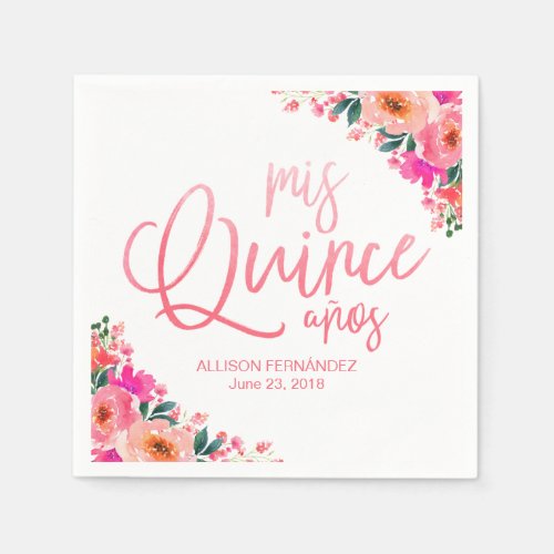 Quinceanera Hot Pink Watercolor Floral Napkins