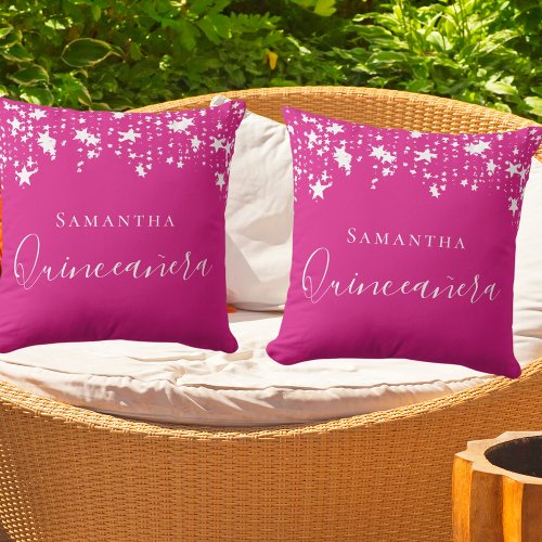 Quinceanera hot pink white stars name throw pillow