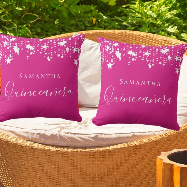 Quinceanera hot pink white stars name throw pillow (Creator Uploaded)