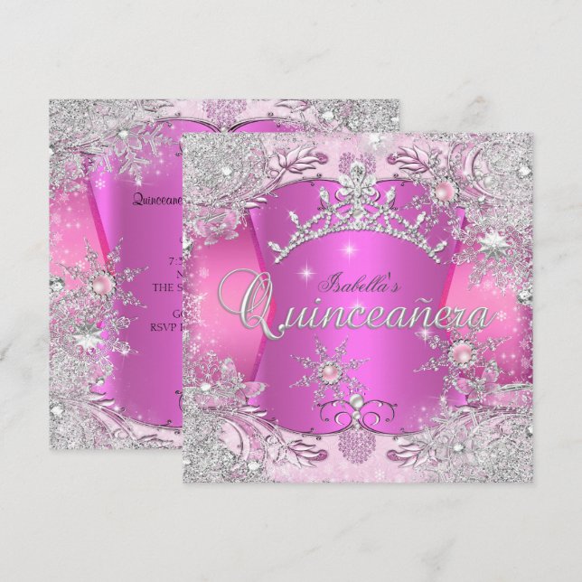 Quinceanera Hot Pink Winter Wonderland Snowflakes Invitation (Front/Back)