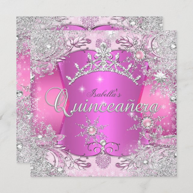 Quinceanera Hot Pink Winter Wonderland Snowflakes Invitation (Front/Back)