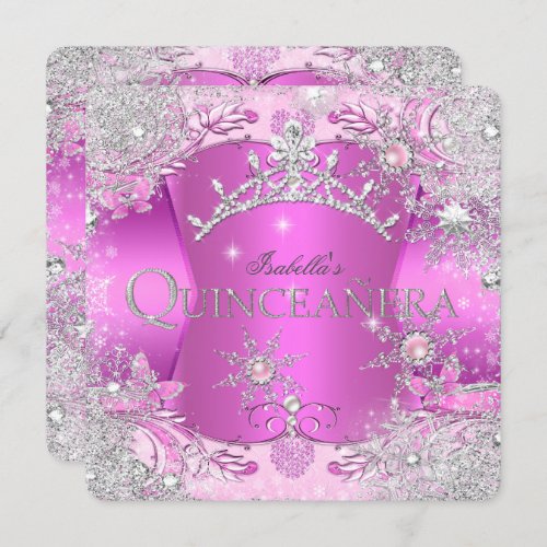 Quinceanera Hot Pink Winter Wonderland Tiara Invitation