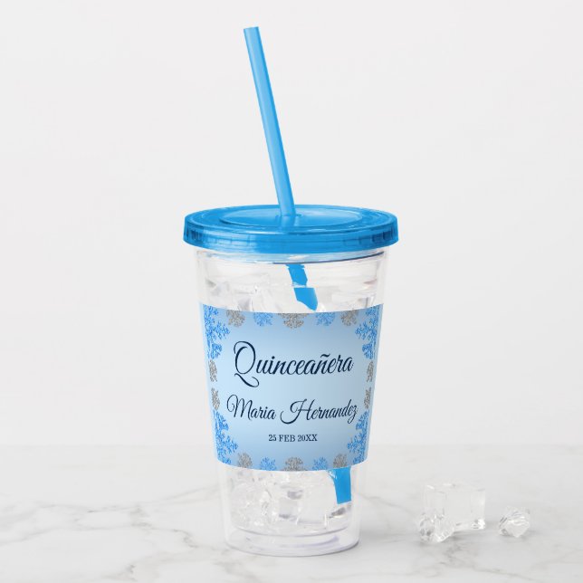Quinceañera Ice Blue Silver Winter Snowflake Acrylic Tumbler (Front Ice)