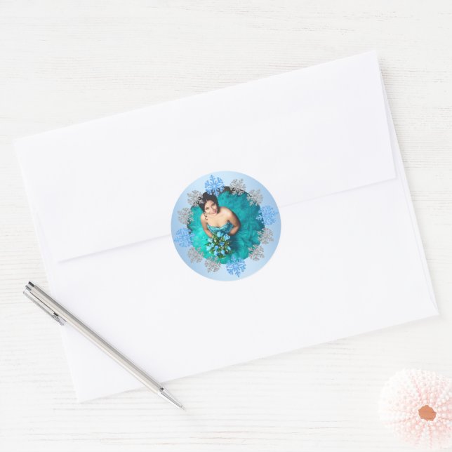 Quinceañera Ice Blue Silver Winter Snowflake Classic Round Sticker (Envelope)