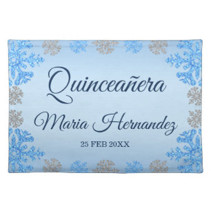 Quinceañera Ice Blue Silver Winter Snowflake Cloth Placemat