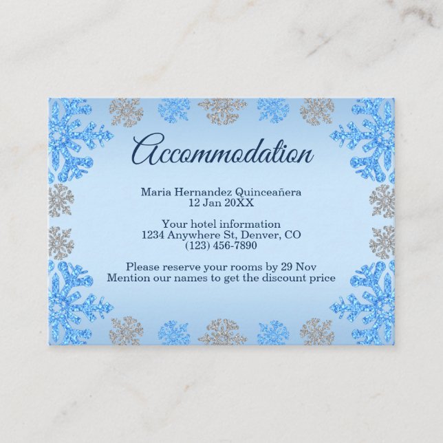 Quinceañera Ice Blue Silver Winter Snowflake Enclosure Card (Front)