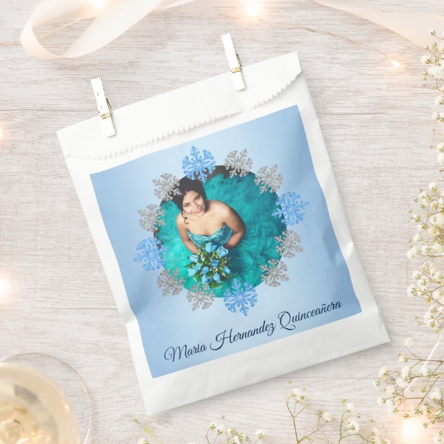 Quinceañera Ice Blue Silver Winter Snowflake Favor Bag (Clipped)