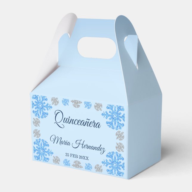 Quinceañera Ice Blue Silver Winter Snowflake Favor Boxes (Front Side)