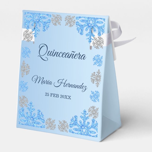 Quinceañera Ice Blue Silver Winter Snowflake Favor Boxes (Back Side)