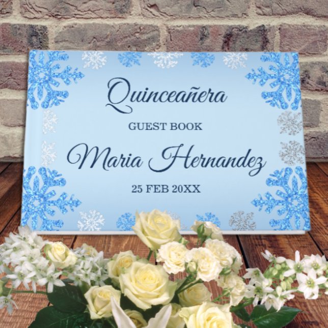 Quinceañera Ice Blue Silver Winter Snowflake Foil Guest Book (Creator Uploaded)