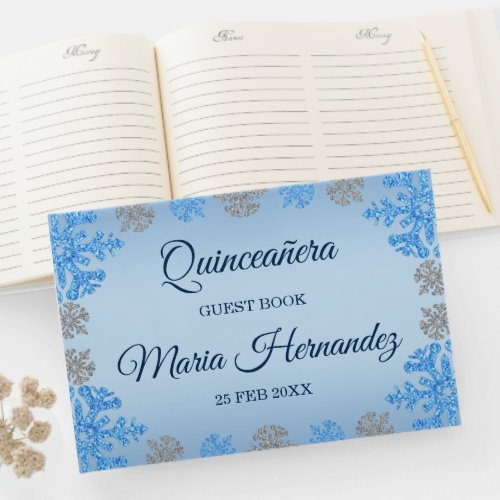 Quinceaera Ice Blue Silver Winter Snowflake Guest Book