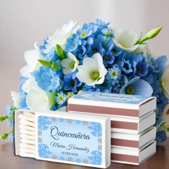 Quinceañera Ice Blue Silver Winter Snowflake Matchboxes (Creator Uploaded)