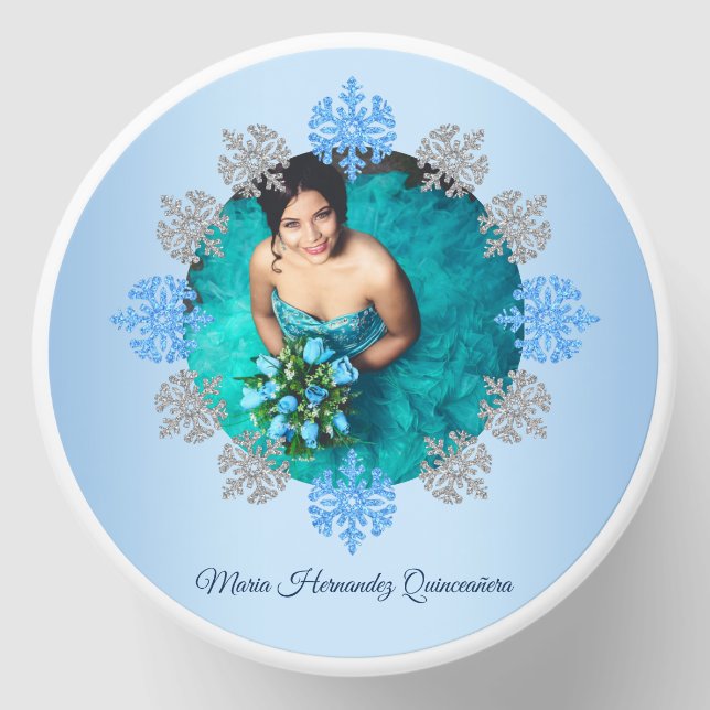 Quinceañera Ice Blue Silver Winter Snowflake Mini Candle Favors (Front)