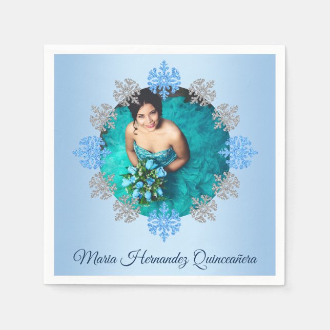 Quinceañera Ice Blue Silver Winter Snowflake Napkins (Front)