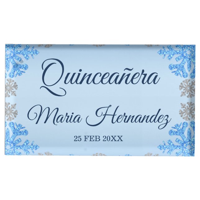 Quinceañera Ice Blue Silver Winter Snowflake Place Card Holder (Front)