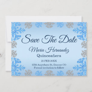 Quinceañera Ice Blue Silver Winter Snowflake Save The Date