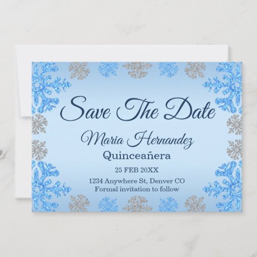 Quinceaera Ice Blue Silver Winter Snowflake Save The Date