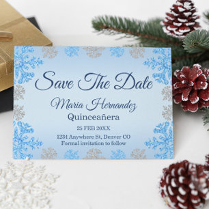 Quinceañera Ice Blue Silver Winter Snowflake Save The Date