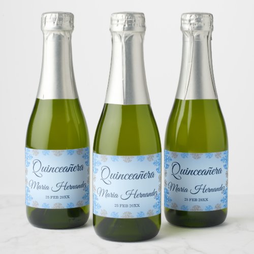 Quinceaera Ice Blue Silver Winter Snowflake Sparkling Wine Label