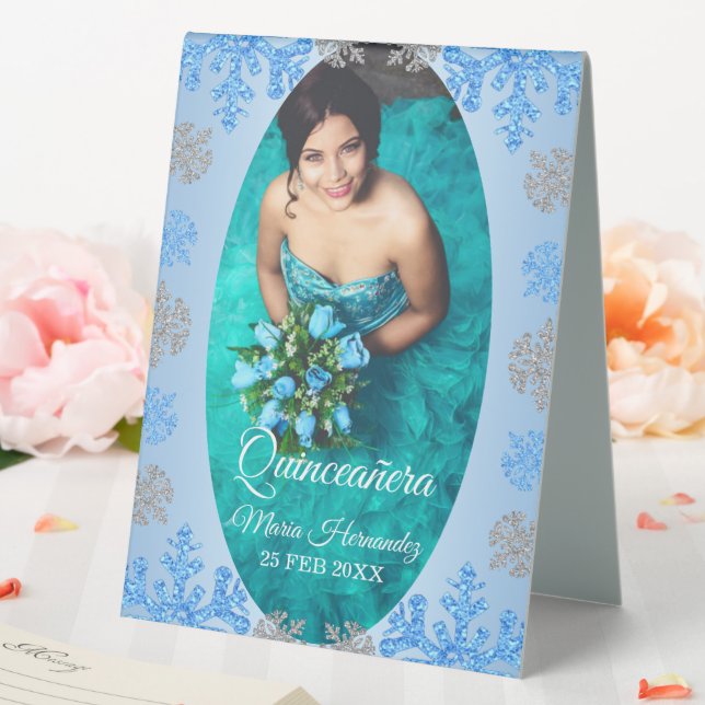 Quinceañera Ice Blue Silver Winter Snowflake Table Tent (In SItu (Wedding))
