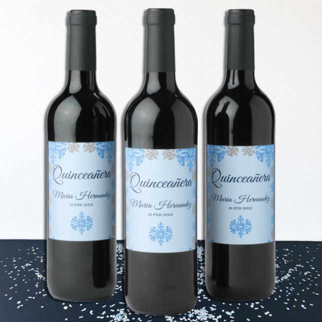 Quinceañera Ice Blue Silver Winter Snowflake Wine Label (Creator Uploaded)